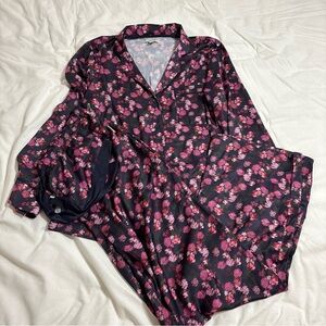 Ted Baker Black Satin Pajama Set with Pink Floral Print